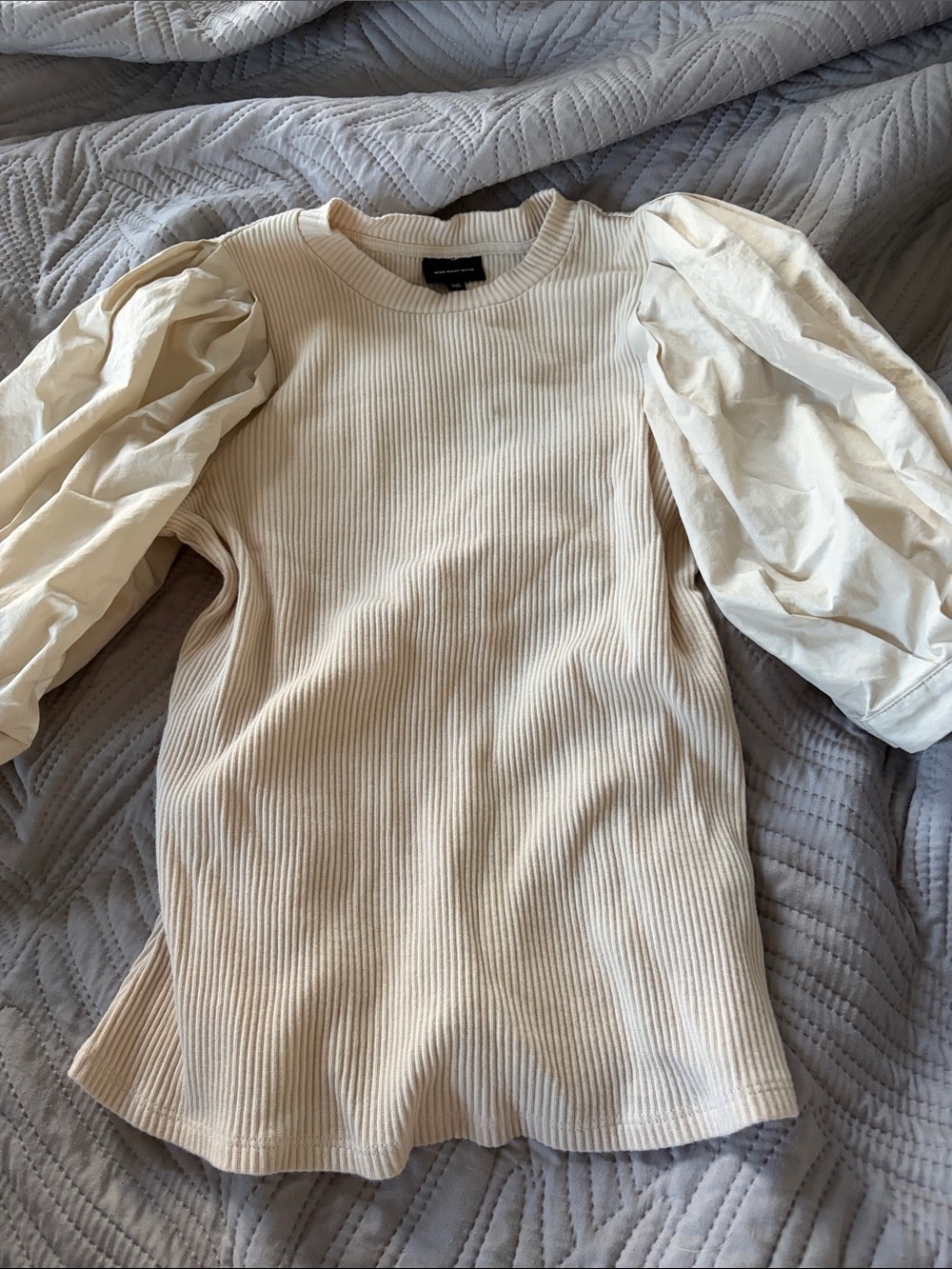 Who What Wear Cream Puff-Sleeve Ribbed Top